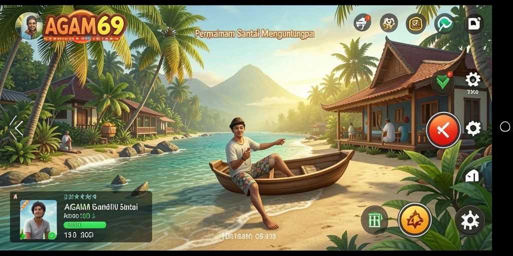 Screenshot AGAM69 menampilkan karakter dan aktivitas mengumpulkan sumber daya dengan sistem Idle.