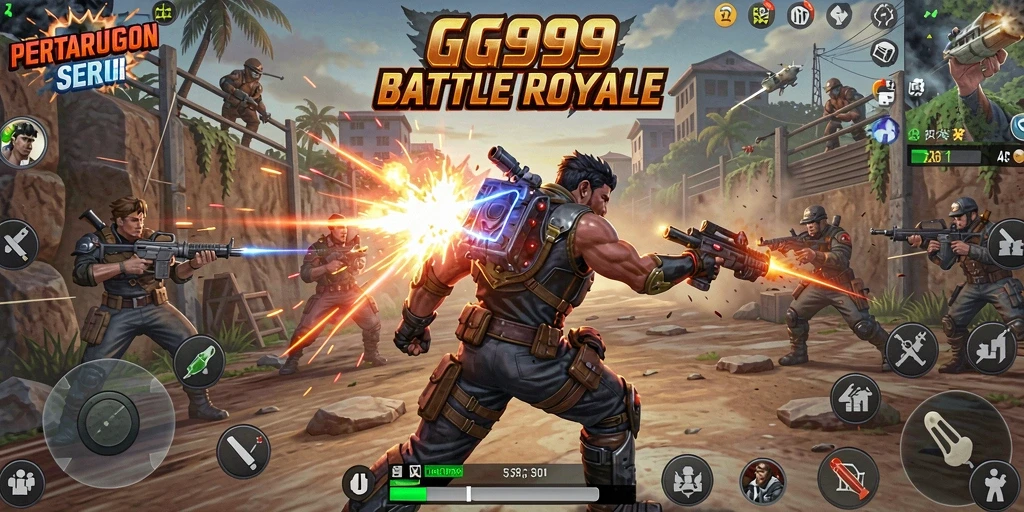 Screenshot utama GG999 menunjukkan momen seru pertarungan Battle Royale.