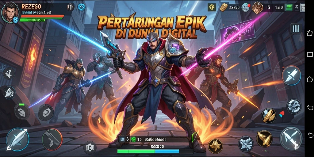 Screenshot gameplay REZEGO menampilkan pertarungan intens antar karakter.