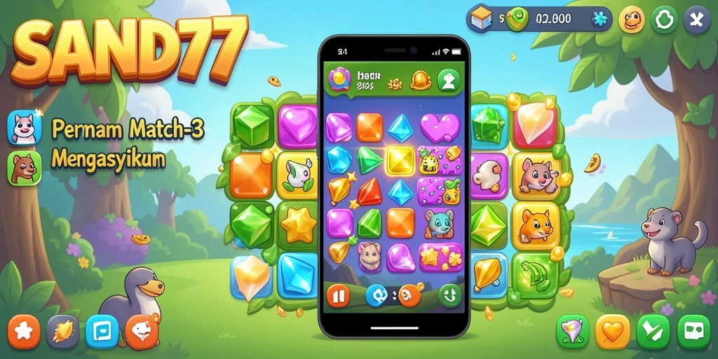 Screenshot dari gameplay SAND77 dengan visual Match-3 yang menawan.
