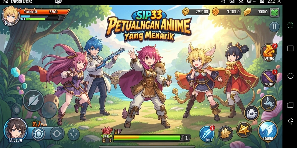 Tampilan gameplay SIP33 dengan karakter anime yang menarik dan pemandangan indah.