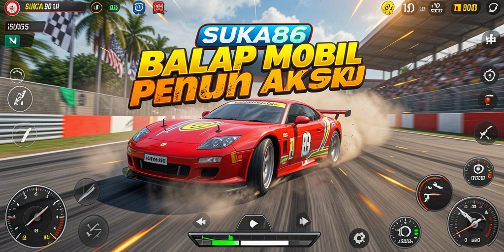 Tampilan gameplay SUKA86 dengan mobil balap di trek yang menantang.