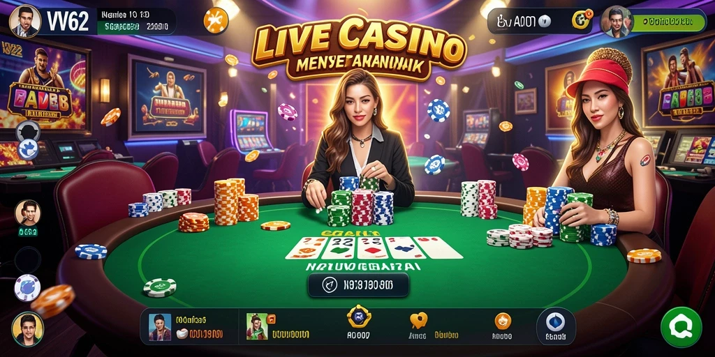 Screenshot gameplay VV62 yang menampilkan dealer langsung dan interaksi pemain.